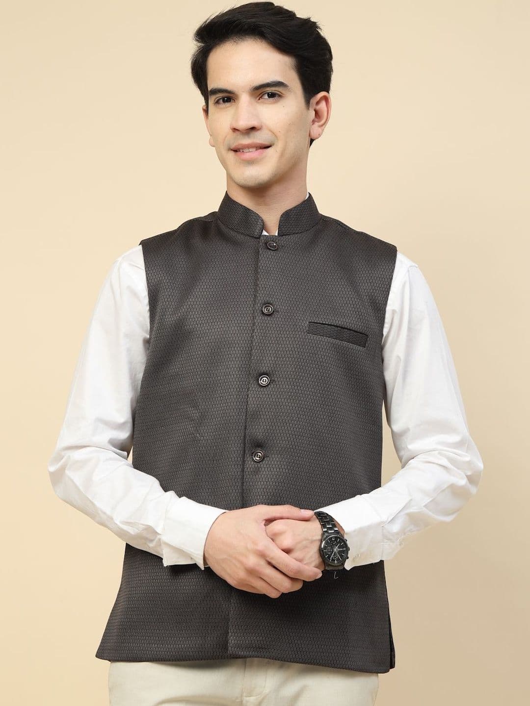 KLOTTHE Woven Design Mandarin Collar Neck Nehru Jacket - view 1
