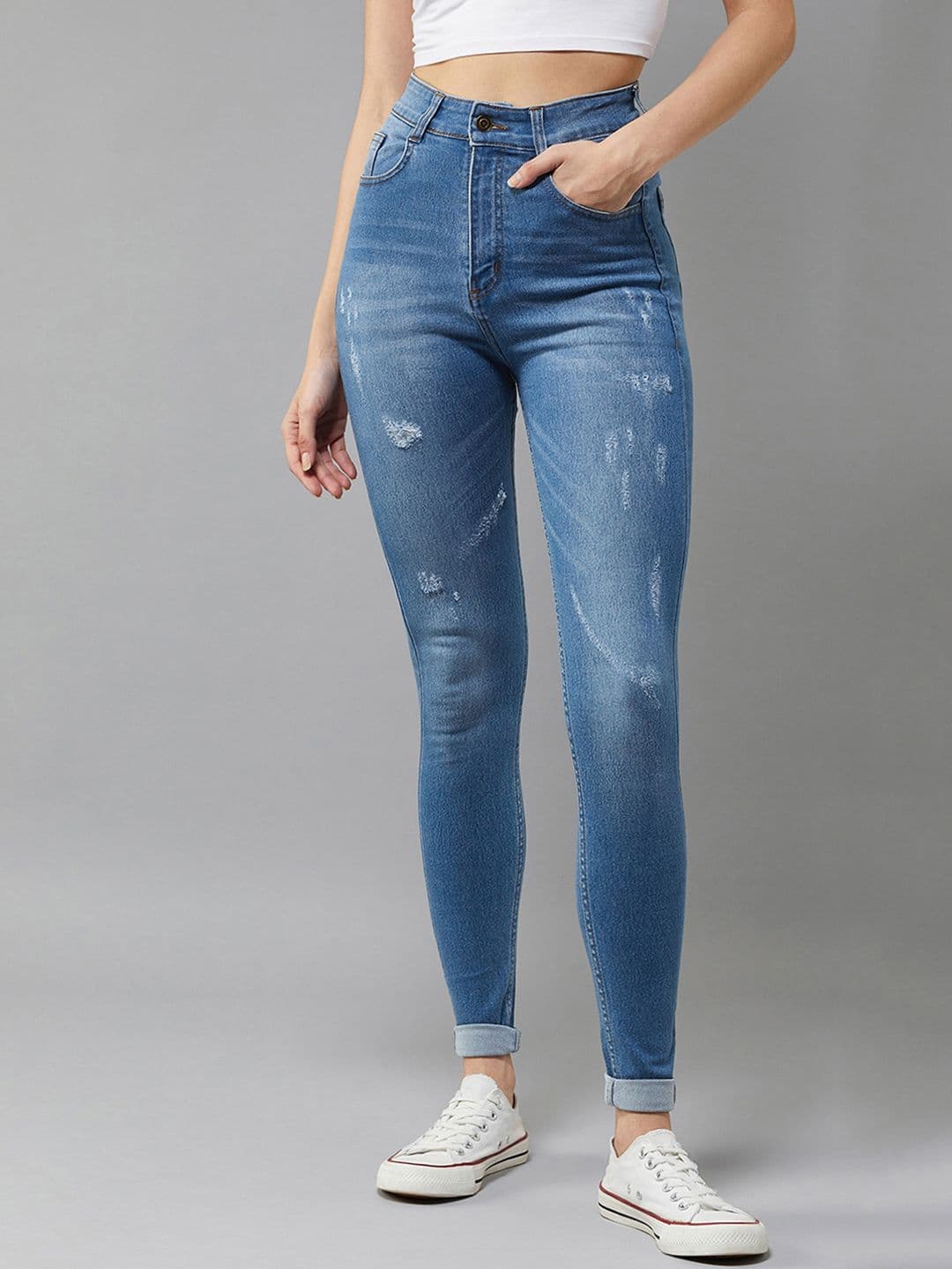 DOLCE CRUDO Women Blue Skinny Fit High-Rise Mildly Distressed Stretchable Jeans - view 1