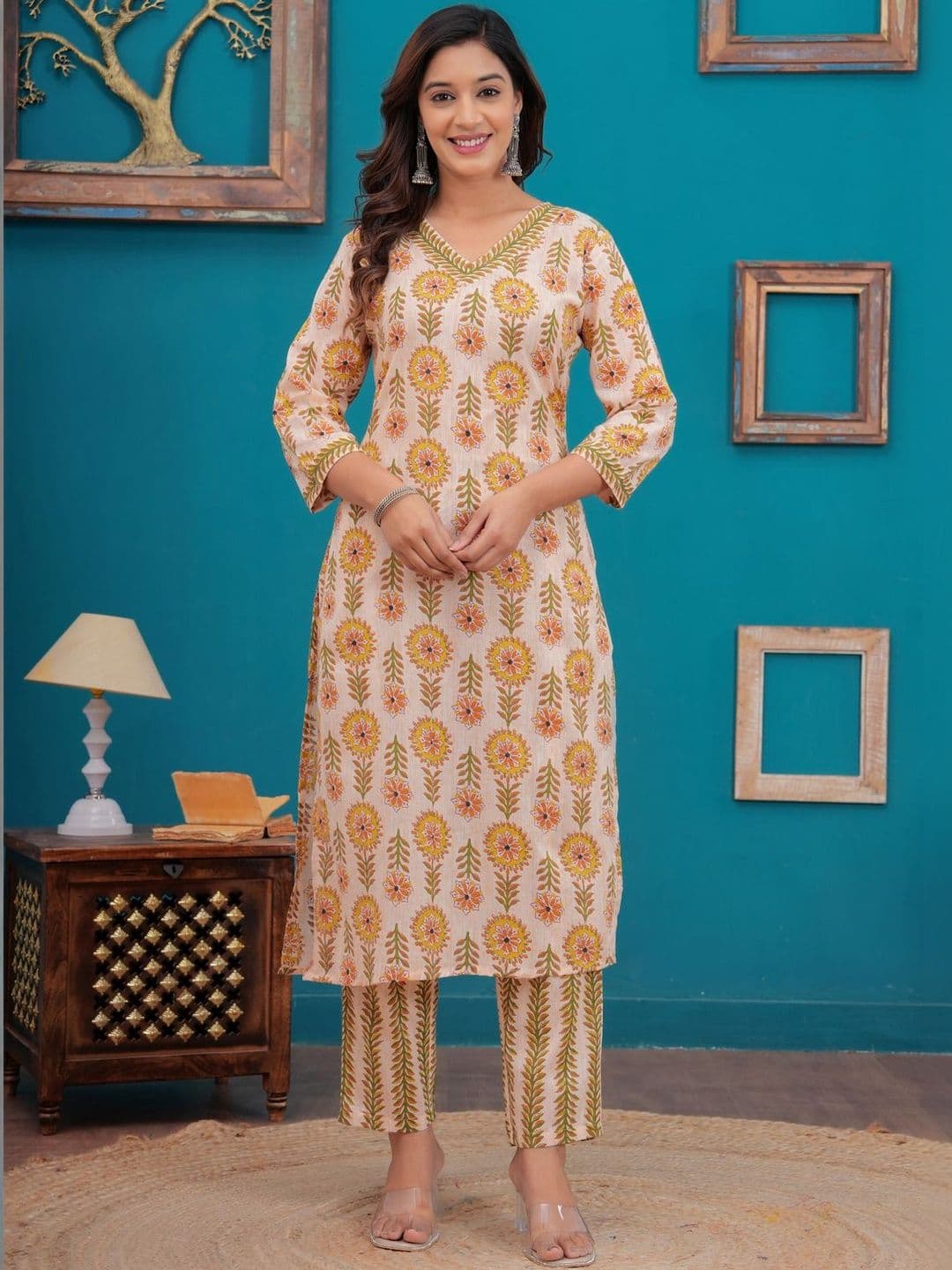 HERE&NOW Women Floral Printed Regular Pure Cotton Kurta with Trousers - view 1