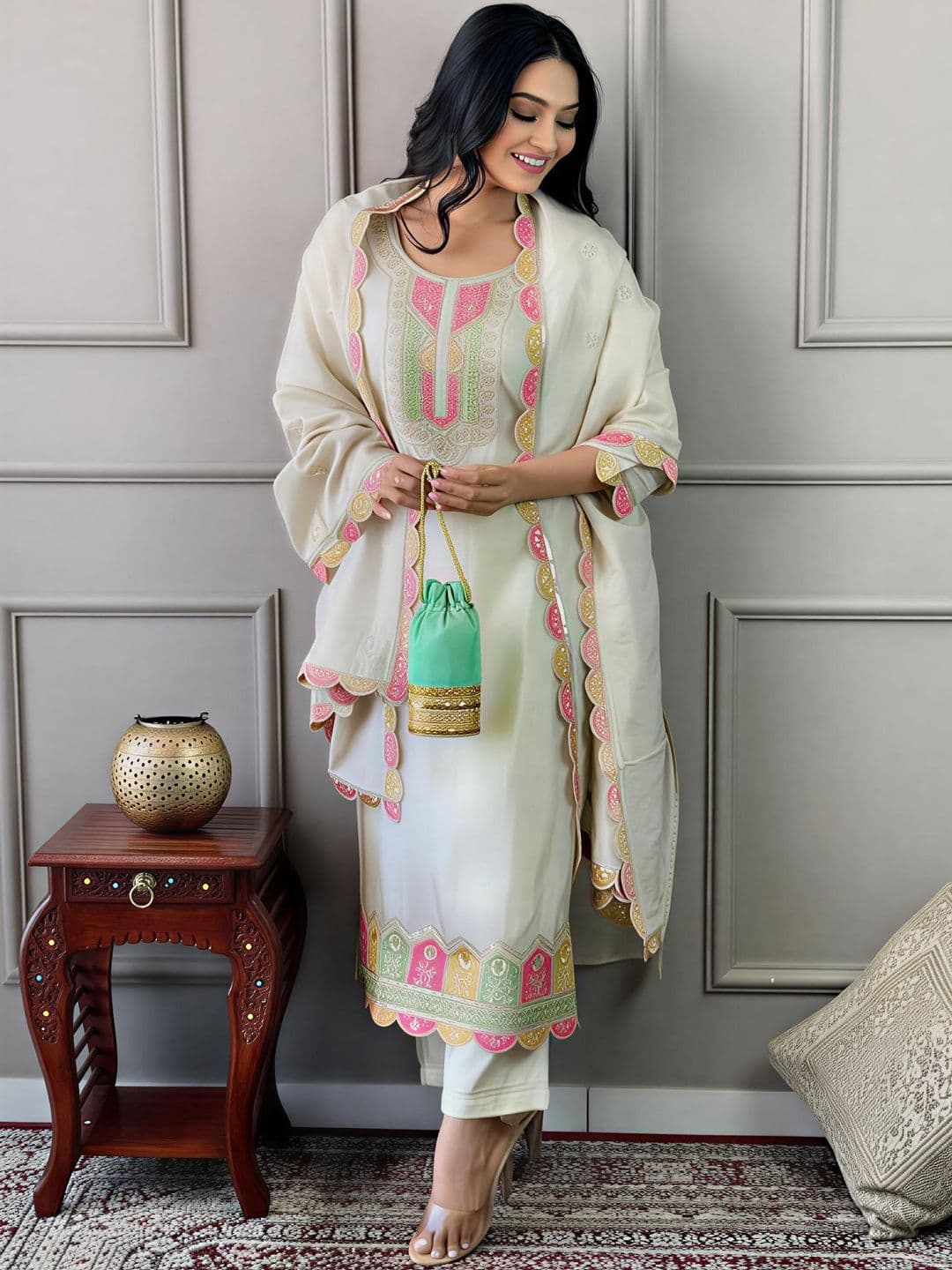 SMIT Women Ethnic Motifs Embroidered Regular Thread Work Kurta with Trousers & With Dupatta - view 1