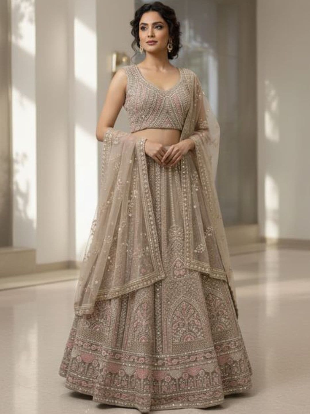 MARC LOUIS Embellished Sequinned Semi-Stitched Lehenga & Blouse With Dupatta - view 1