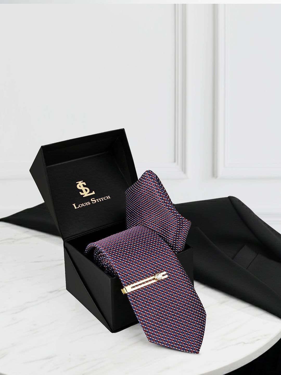 LOUIS STITCH Men Rosewood Premium Tie Set with Pocket Square & Golden Tie Pin - view 1