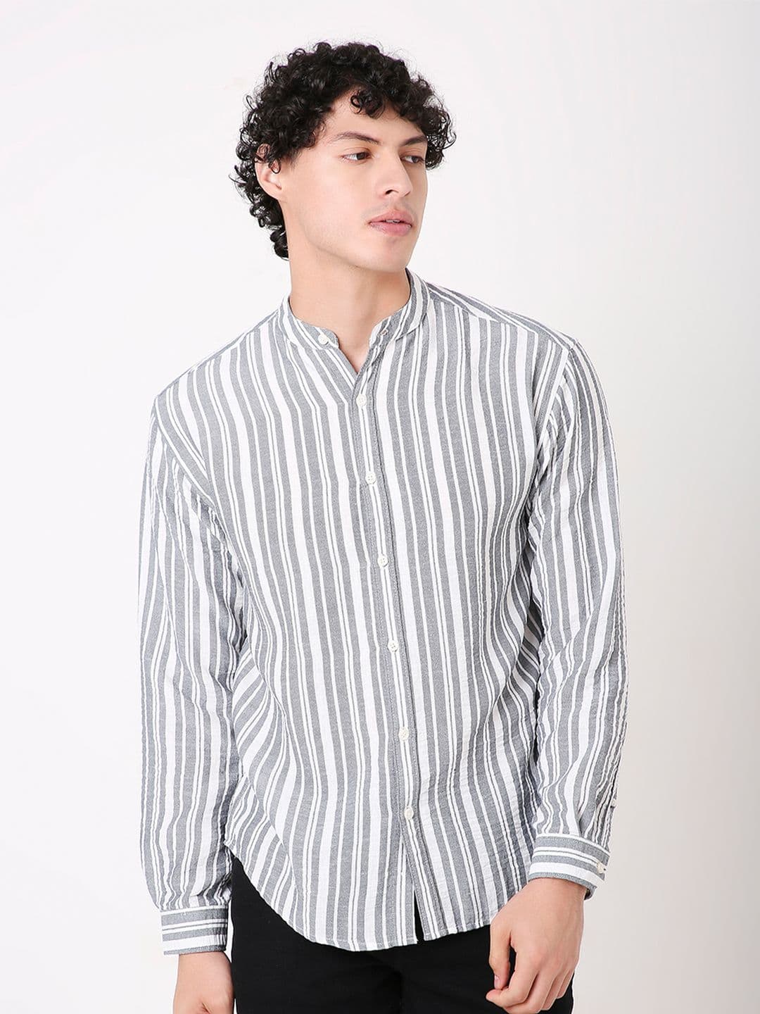 Blnk Men Relaxed Fit Vertical Striped Band Collar Casual Shirt - view 1