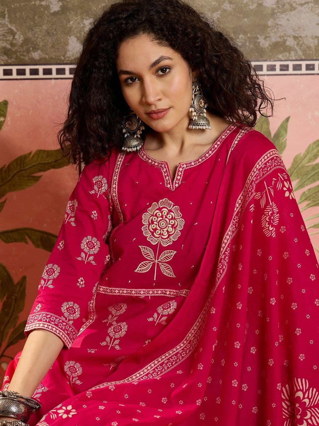 Sangria Floral Printed Cotton Round Neck Kurta & Trousers With Dupatta - view 1