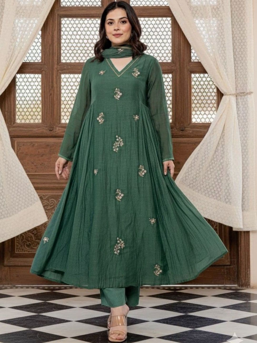 KALINI Women Embroidered Panelled Thread Work Kurta with Trousers & With Dupatta - view 1