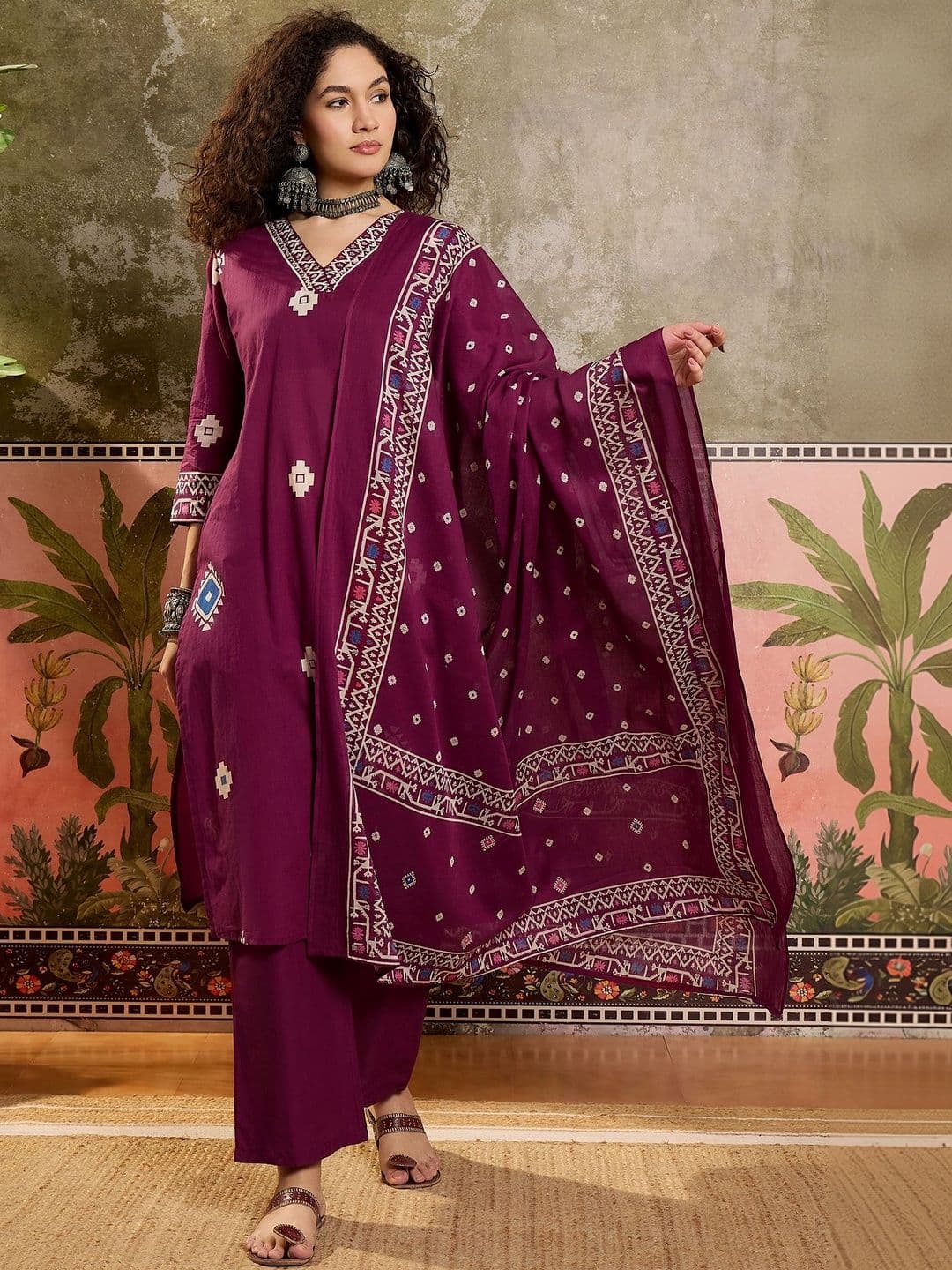 Sangria Printed Cotton V-Neck Kurta & Trousers With Dupatta - view 1