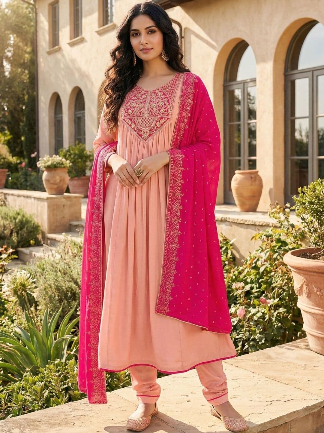 DSK STUDIO Women Ethnic Motifs Embroidered Panelled Thread Work Kurta with Churidar & With Dupatta - view 1