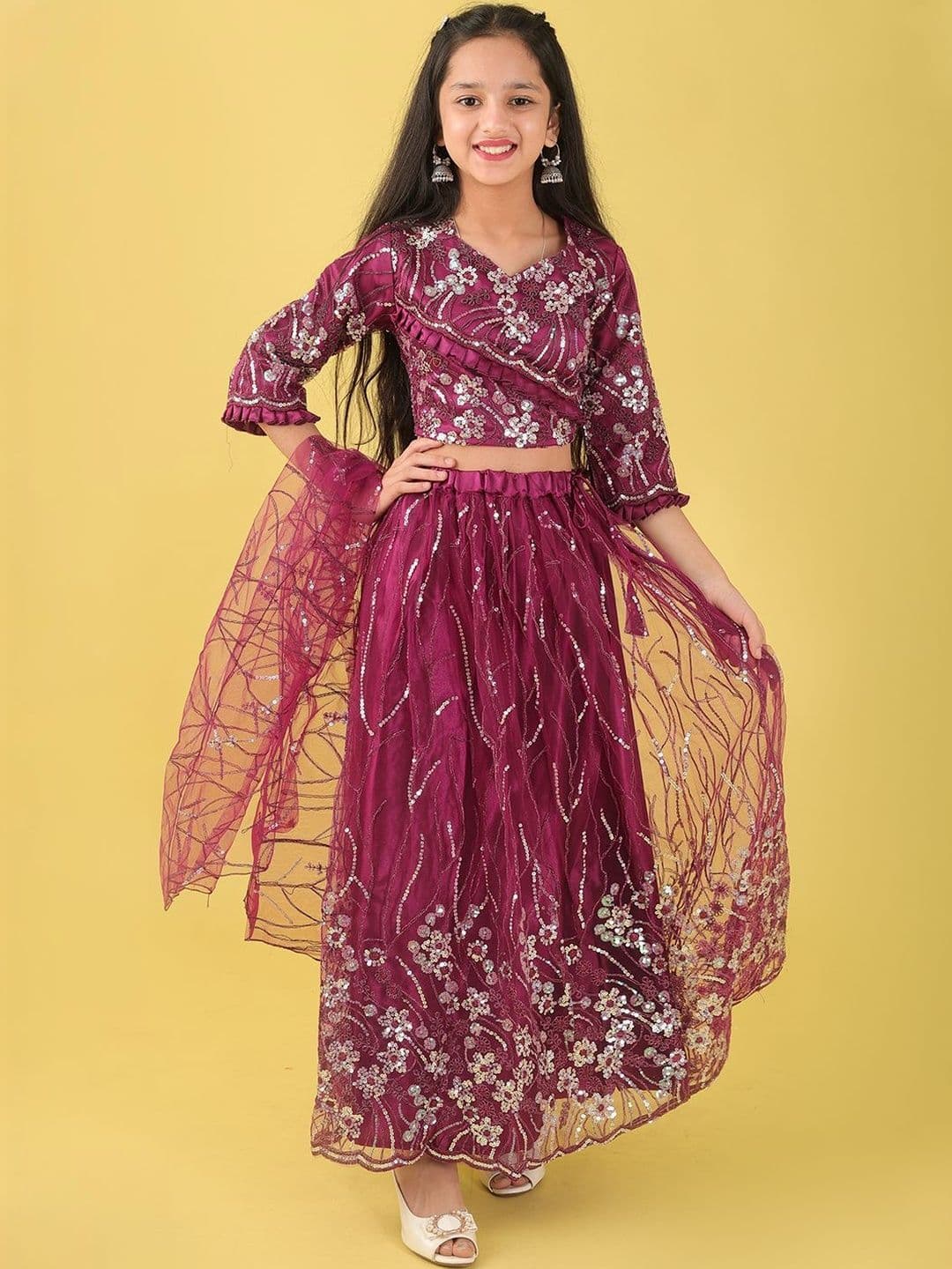 Sangria Girls Embellished Round Neck Lehenga Choli With Dupatta - view 1