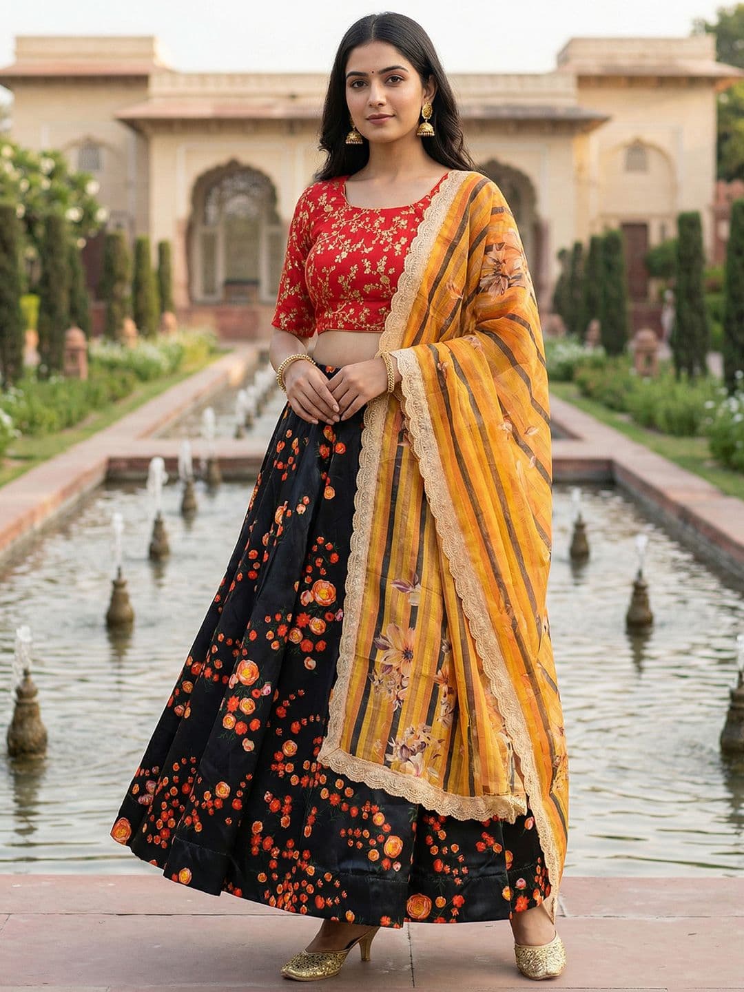 Kaizen TEXO FAB Embroidered Sequinned Semi-Stitched Lehenga & Blouse With Dupatta - view 1