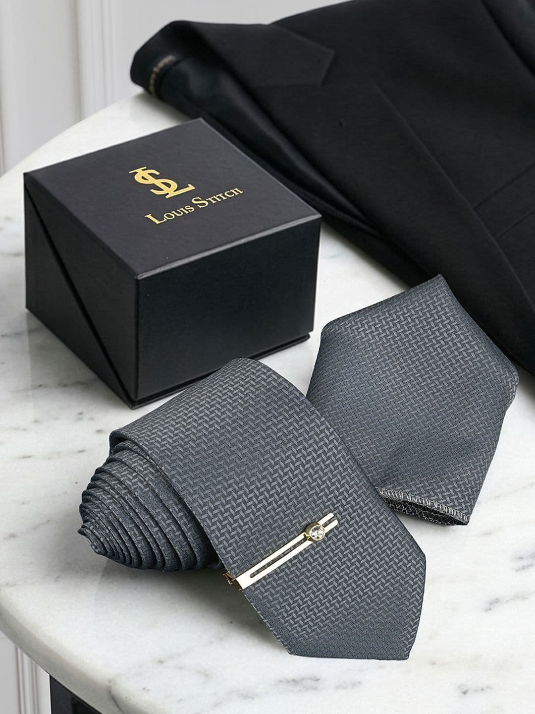 LOUIS STITCH Men Grey Premium Tie Set with Pocket Square & Golden Tie Pin - view 1