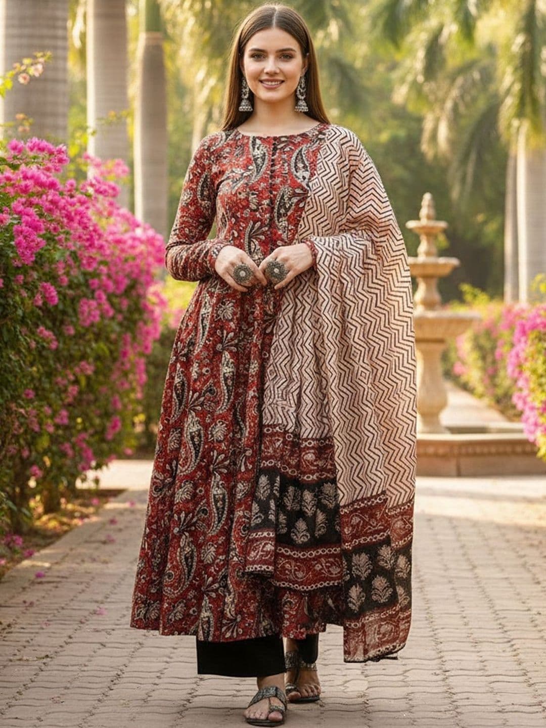 ARADHNA Women Ethnic Motifs Printed Panelled Kurta with Trousers & With Dupatta - view 1