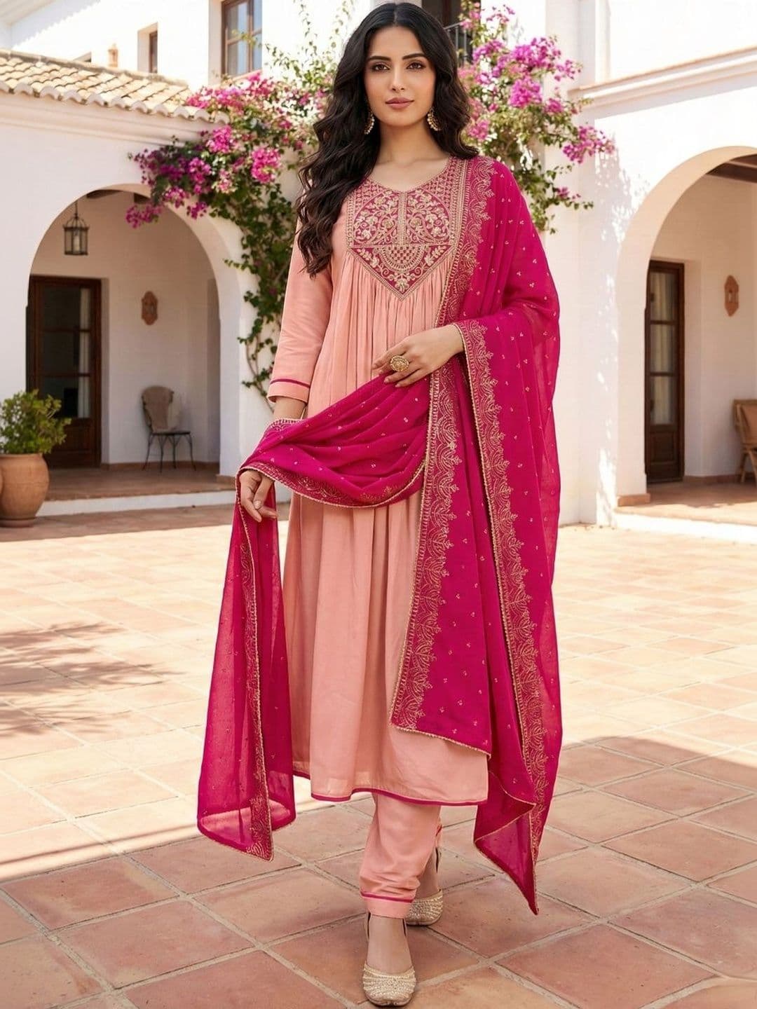 NEW ETHNIC 4 YOU Women Ethnic Motifs Embroidered Panelled Thread Work Kurta with Trousers & With Dupatta - view 1