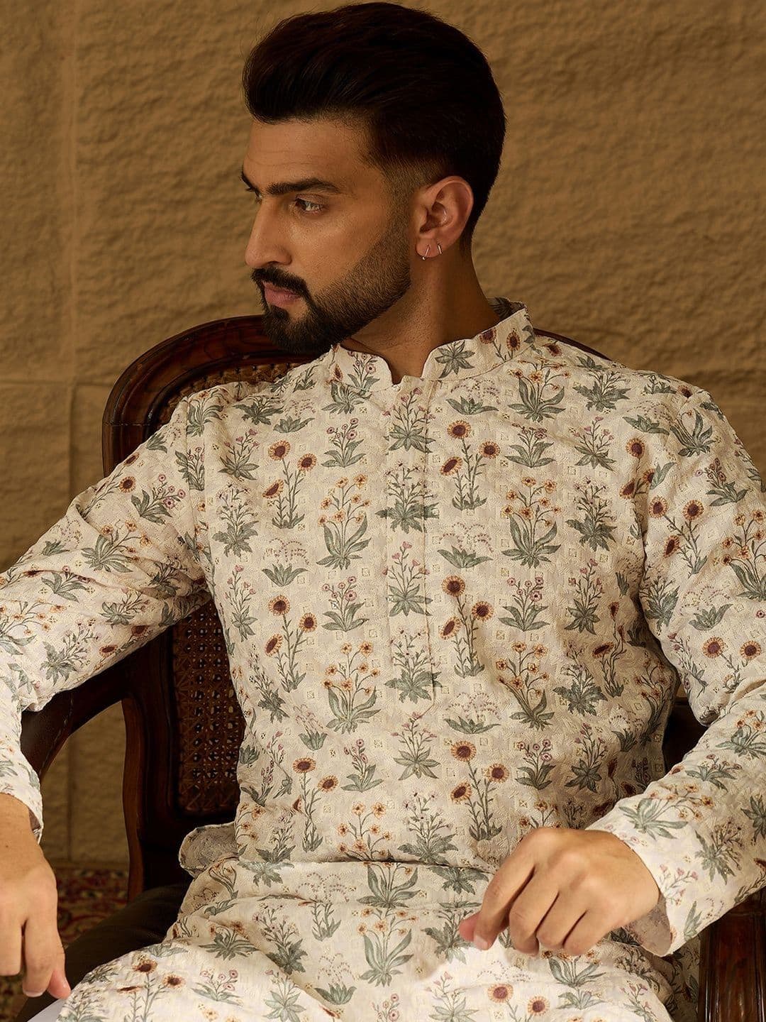 House of Pataudi Chikankari Printed Mandarin Collar Knee Length Straight Kurta - view 1