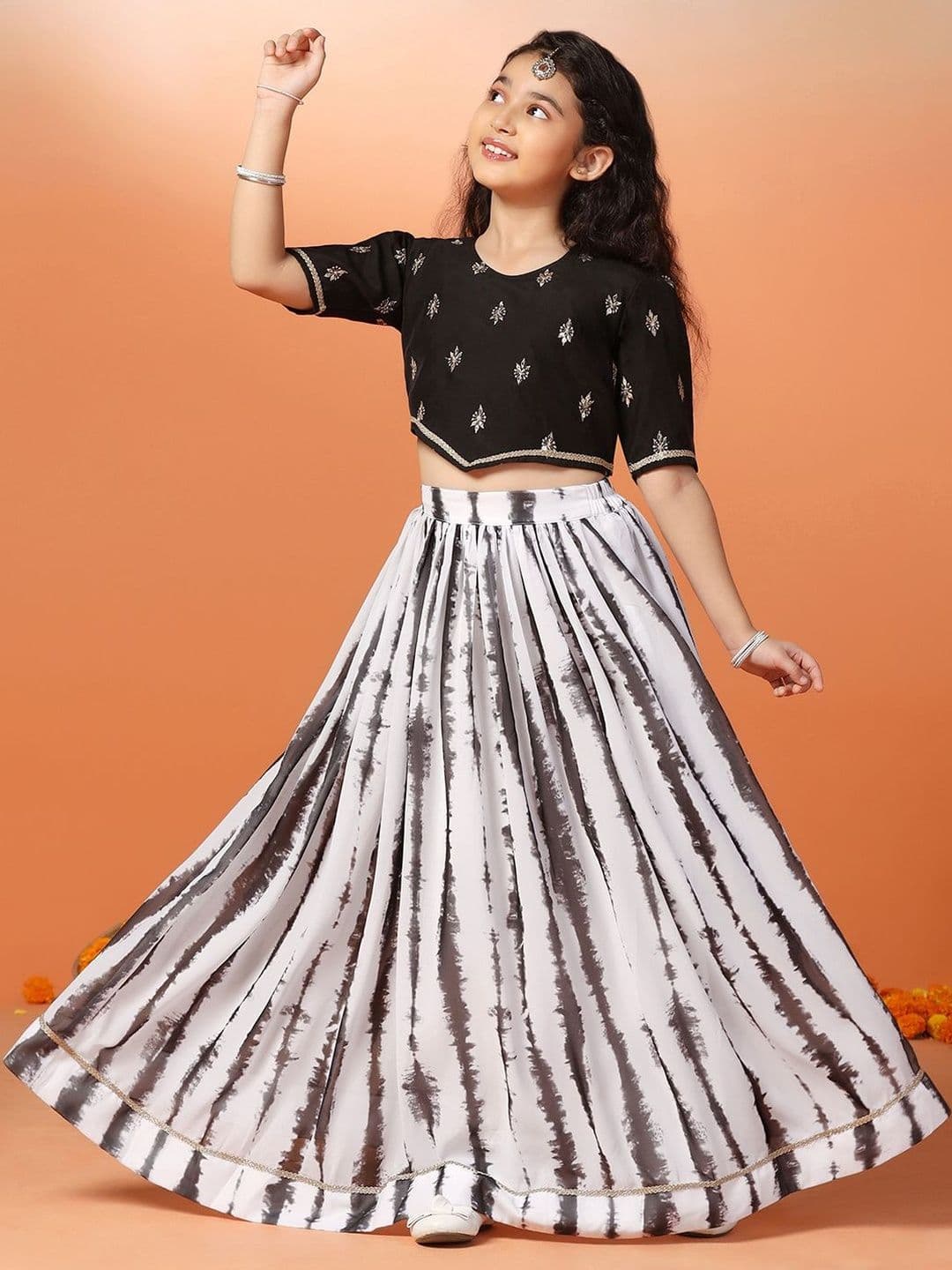 BAESD Girls Embellished Mirror Work Tie and Dye Ready to Wear Lehenga - view 1