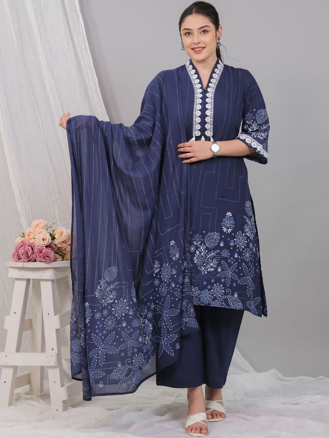 Aramya Women Ethnic Motifs Printed Regular Pure Cotton Kurta with Trousers & With Dupatta - view 1