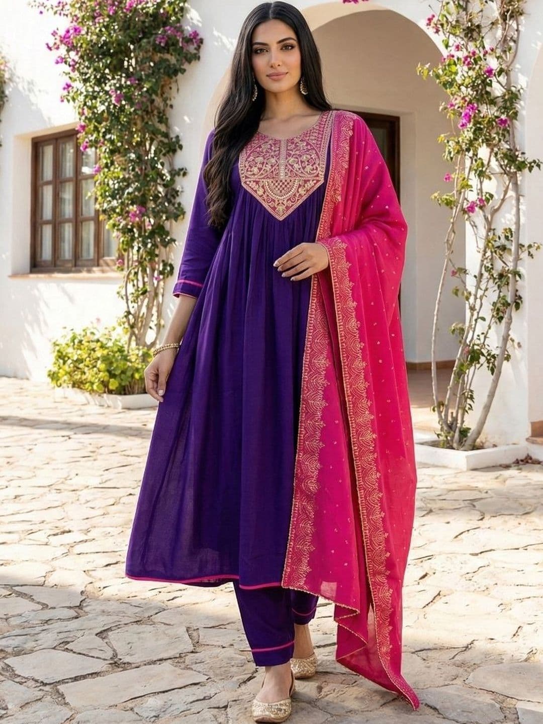NEW ETHNIC 4 YOU Women Ethnic Motifs Embroidered Empire Thread Work Kurta with Trousers & With Dupatta - view 1