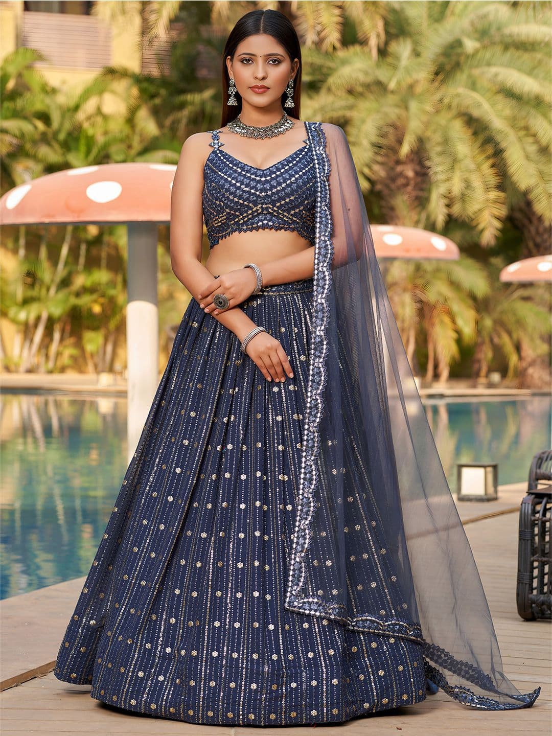 ETHNIC PLUS Grey Embroidered Georgette Semi-Stitched Lehenga & Unstitched Blouse With Dupatta - view 1