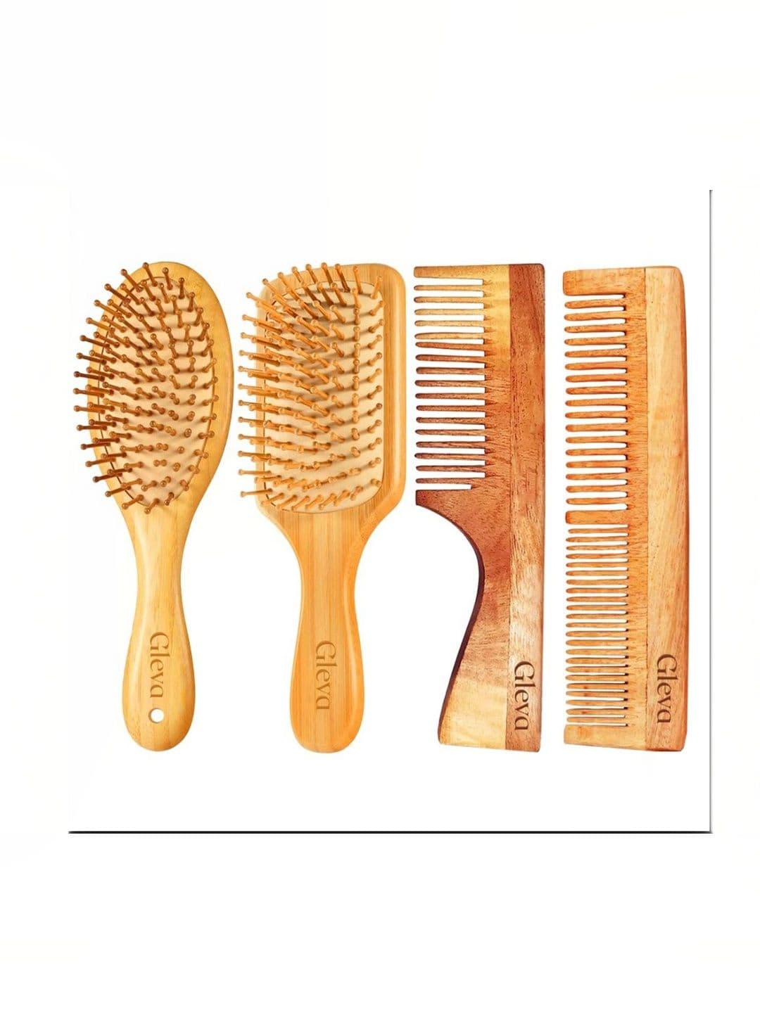 Gleva Set of 4 Neem & Bamboo Wooden Detangling Brush & Combs - Brown - view 1