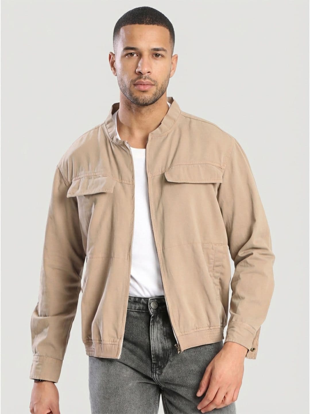 The Roadster Lifestyle Co Pure Cotton Relaxed-Fit Mock Collar Bomber Jacket