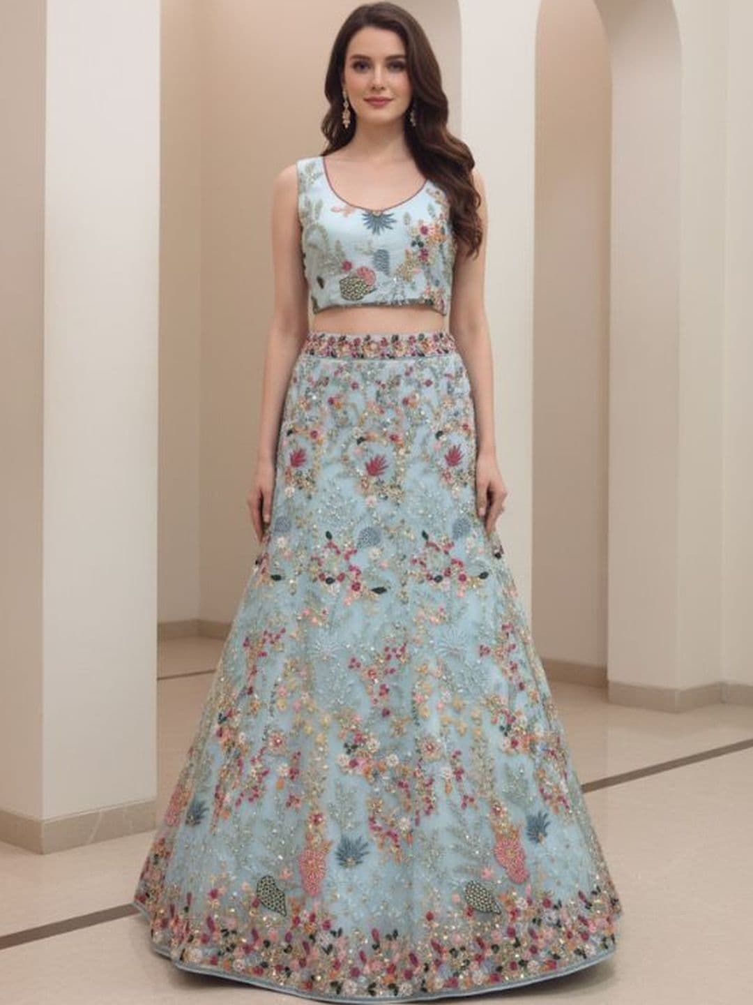 MARC LOUIS Embroidered Sequinned Semi-Stitched Lehenga & Unstitched Blouse With Dupatta - view 1