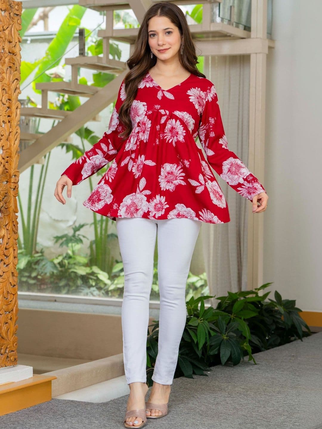 HERE&NOW Floral Printed V-Neck Pure Cotton Empire Kurti - view 1