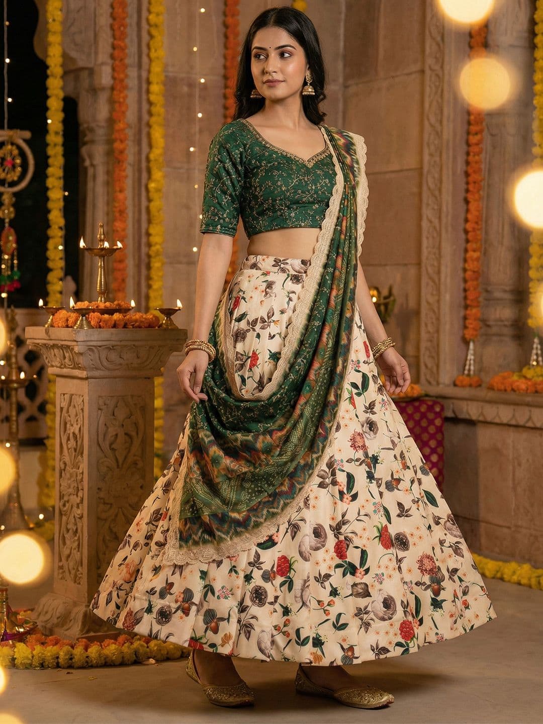 Kaizen TEXO FAB Embroidered Thread Work Semi-Stitched Lehenga & Blouse With Dupatta - view 1