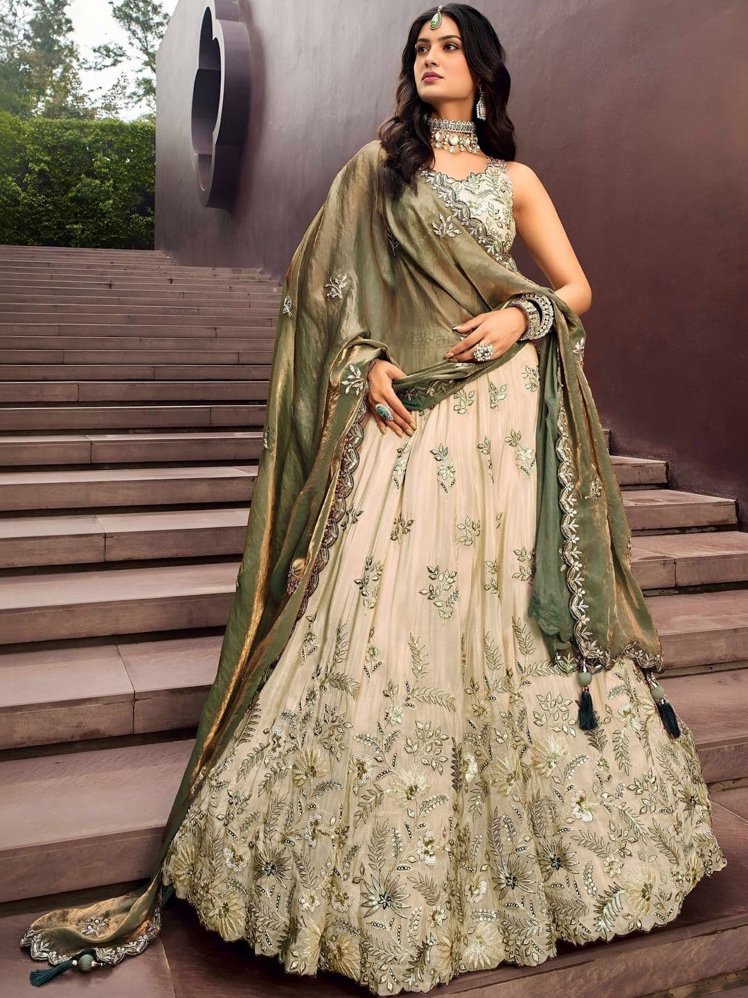 ETHNIC PLUS Sequinned Embroidered Silk Lehenga Choli With Dupatta - view 1
