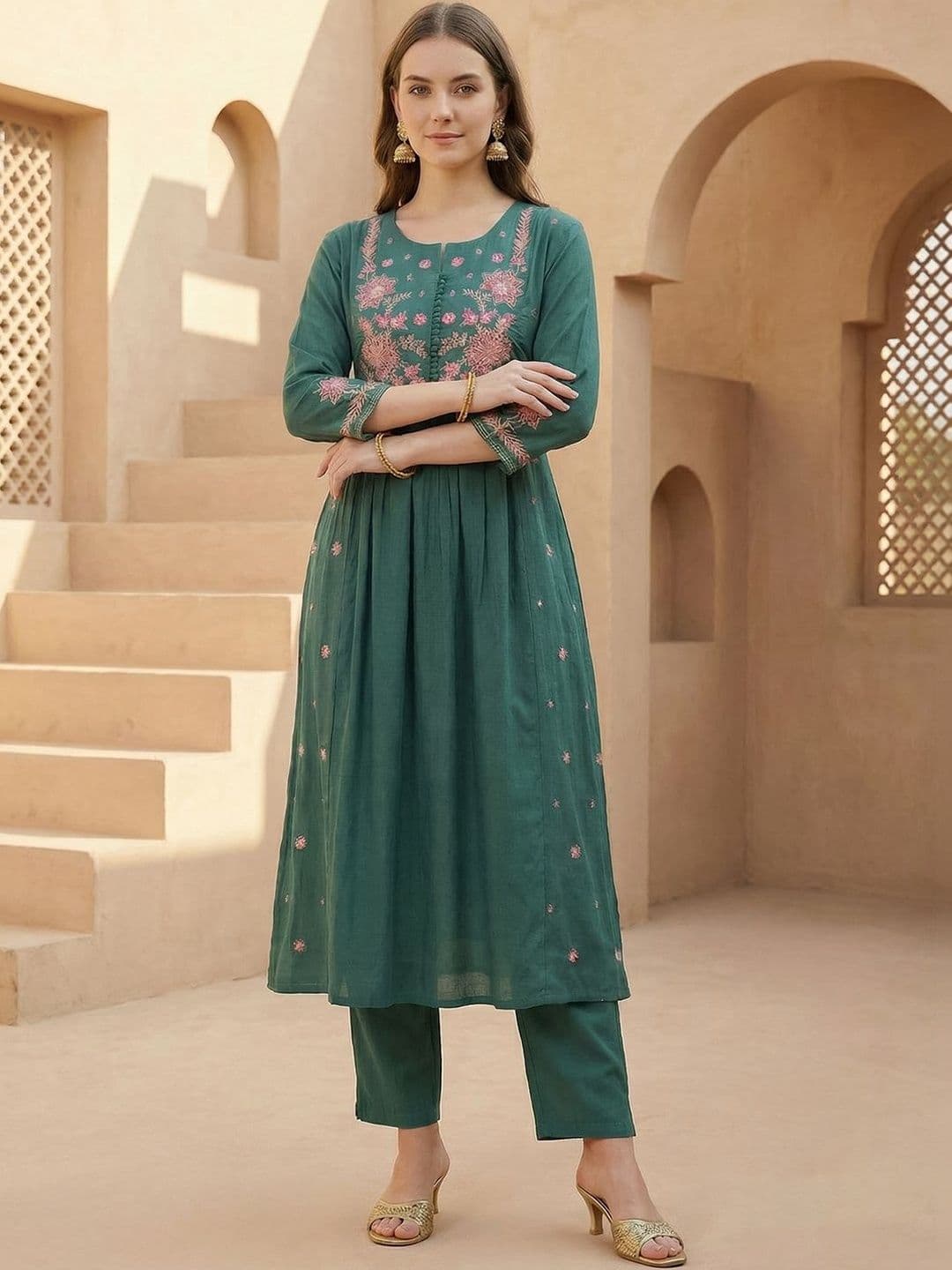 Indo Era Embroidered Round Neck Top & Trousers Co-Ords - view 1
