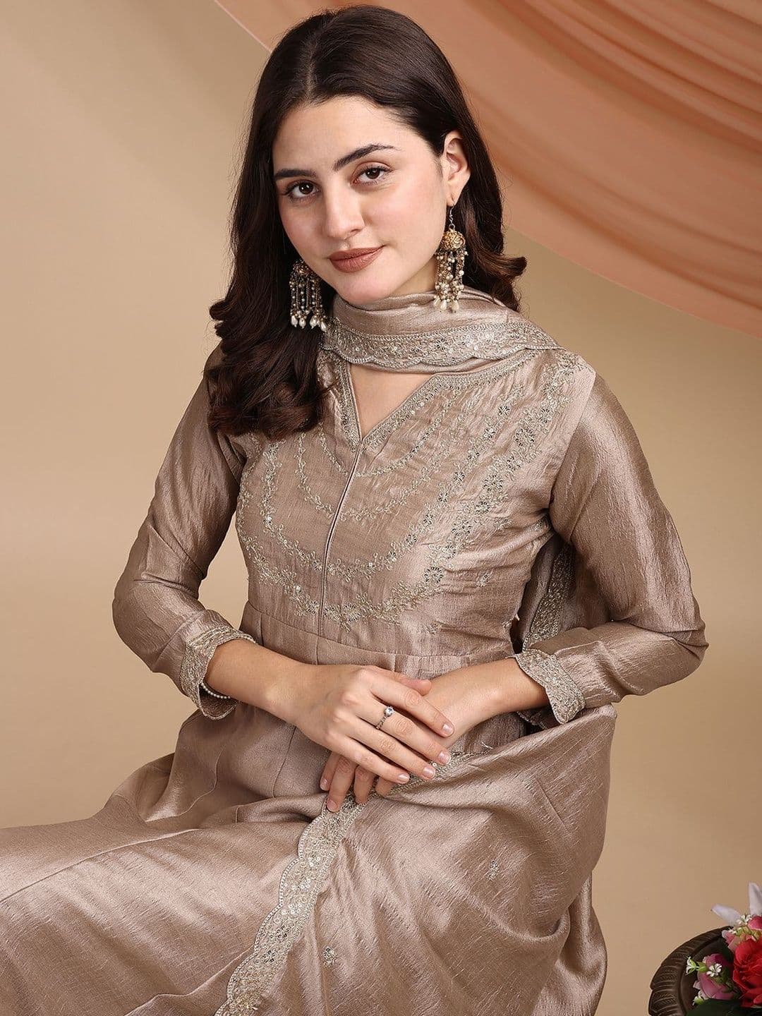 all about you Women Ethnic Motifs Panelled Thread Work Kurta with Trousers & With Dupatta - view 1