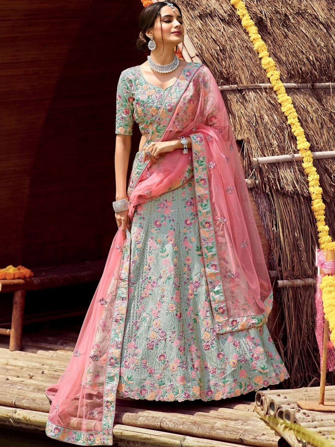 Fusionic Embroidered Sequinned Semi-Stitched Lehenga & Unstitched Blouse With Dupatta - view 1
