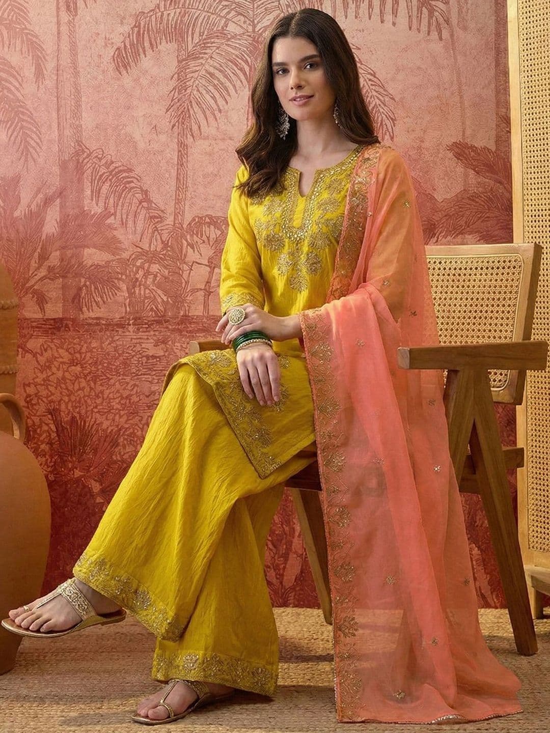Sangria Embroidered Round Neck Kurta Trousers & Dupatta - view 1