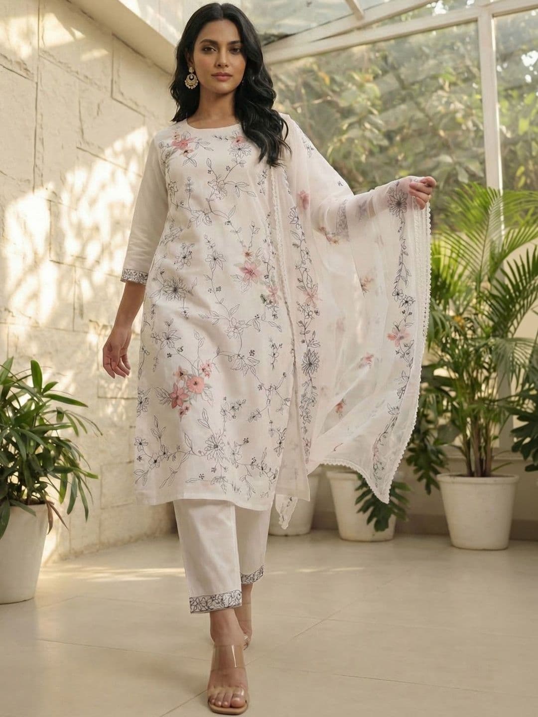 Indo Era Women Floral Embroidered Regular Kurta with Trousers & With Dupatta - view 1