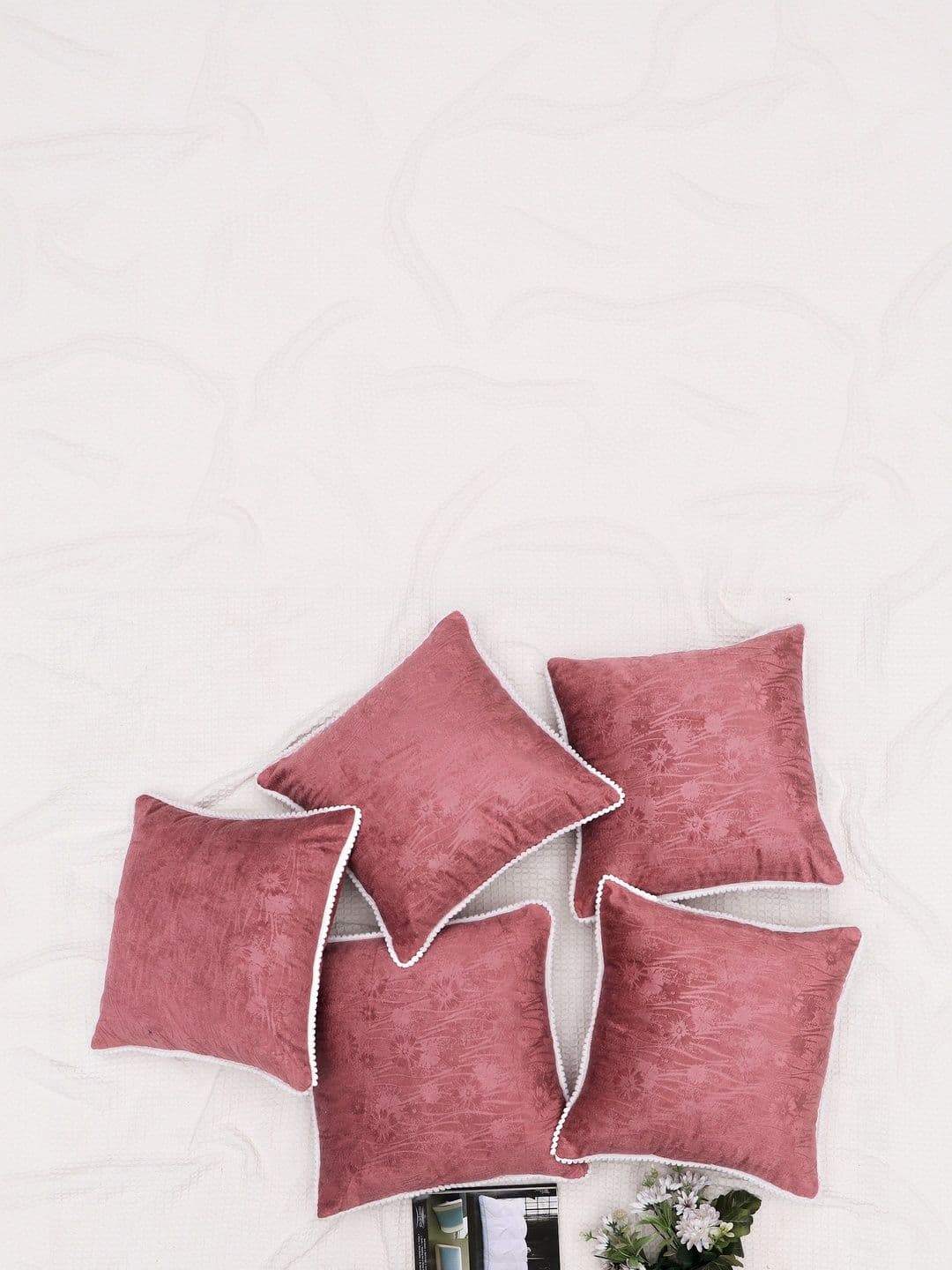RD TREND Dusky-Pink Set of 5 Square Velvet Cushion Covers With Pom Pom 18x18 inch - view 1