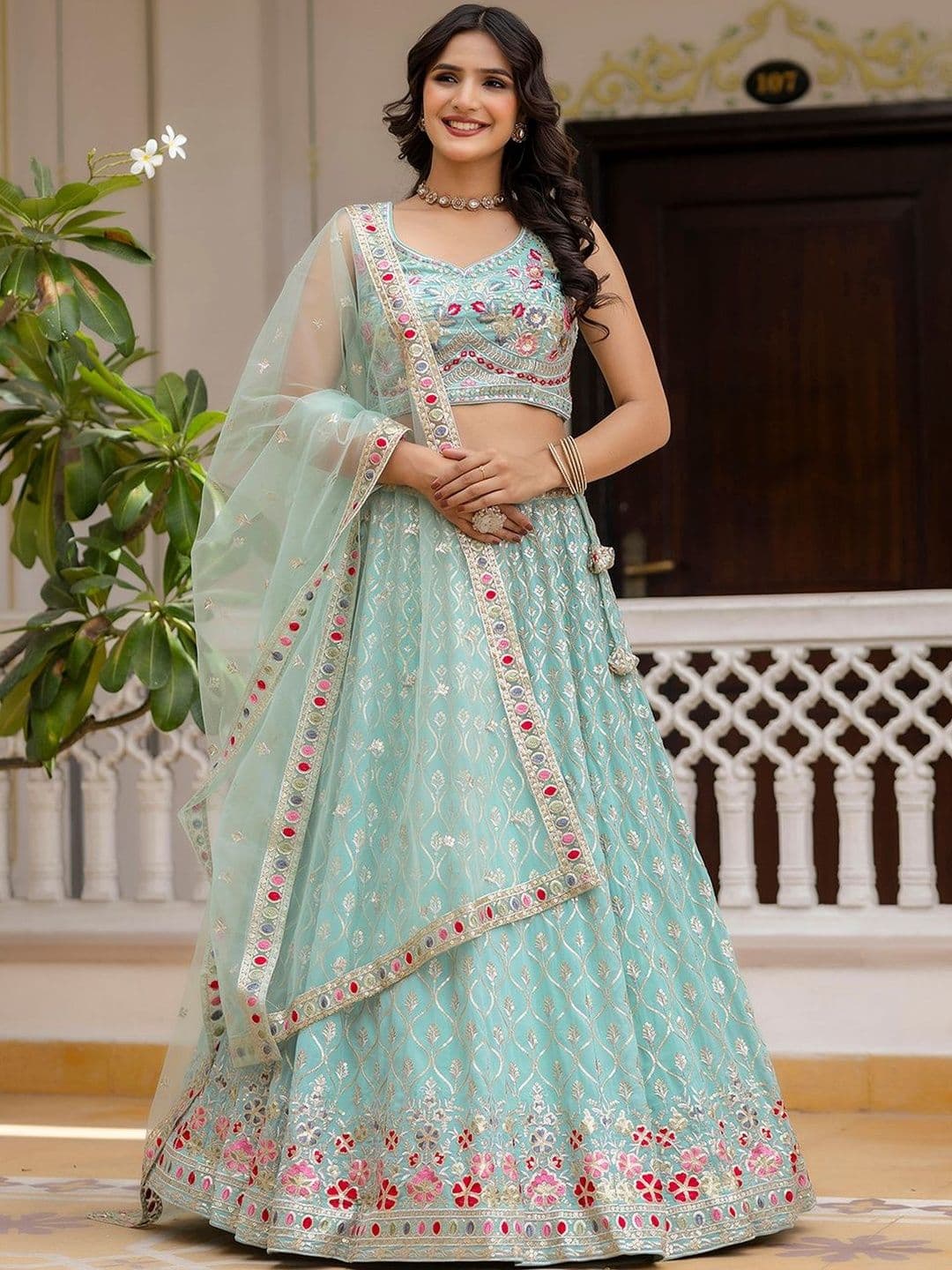 Trendmalls Embroidered Sequinned Semi-Stitched Lehenga & Blouse With Dupatta - view 1