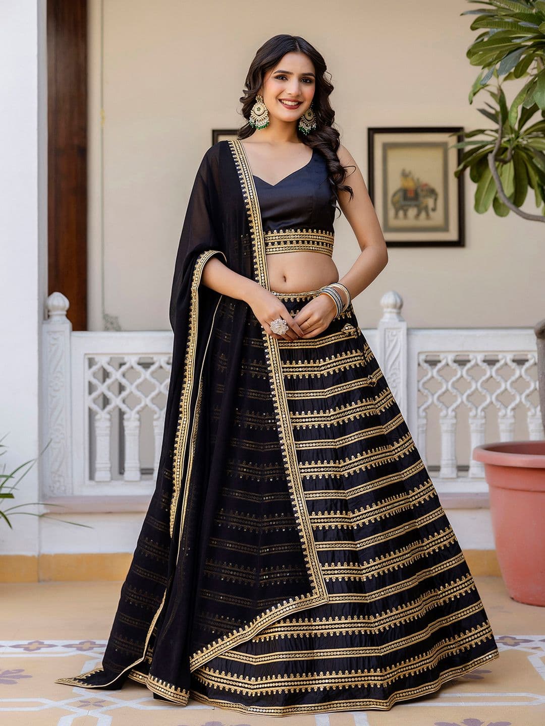 Trendmalls Embroidered Sequinned Semi-Stitched Lehenga & Unstitched Blouse With Dupatta - view 1
