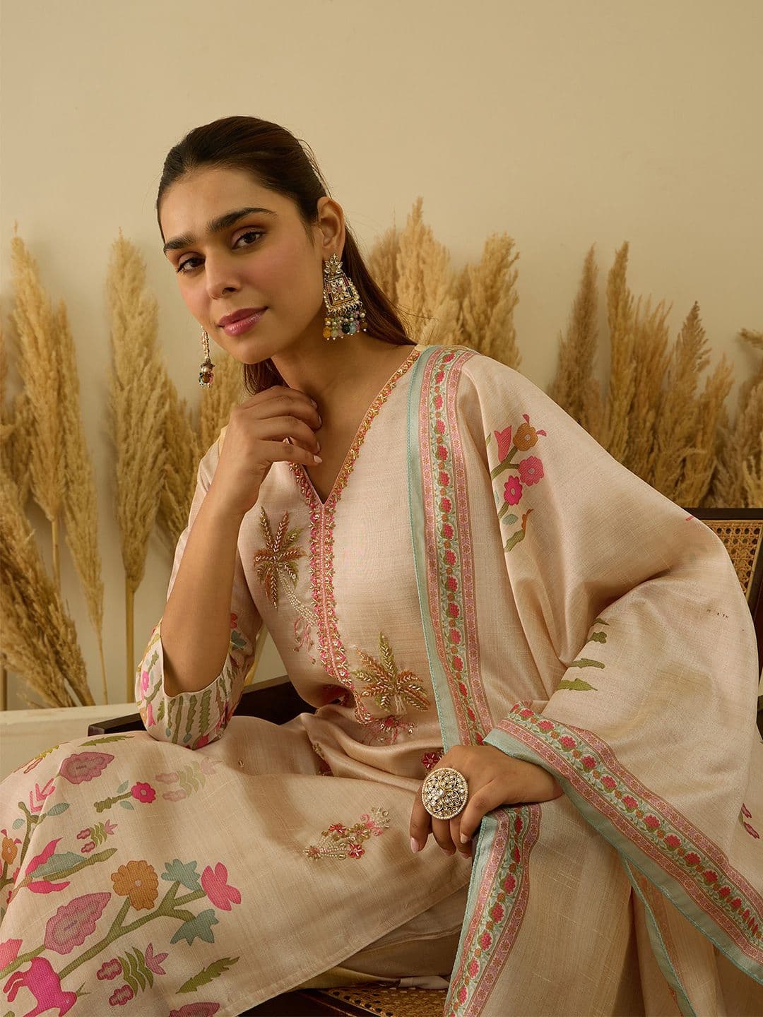 VredeVogel Women Ethnic Motifs Embroidered Regular Thread Work Kurta with Trousers & With Dupatta - view 1