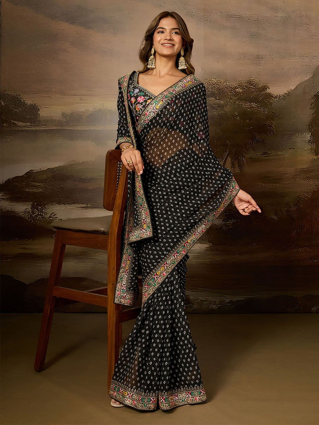 DIVASTRI Embellished Sequinned Pure Georgette Bandhani Saree - view 1