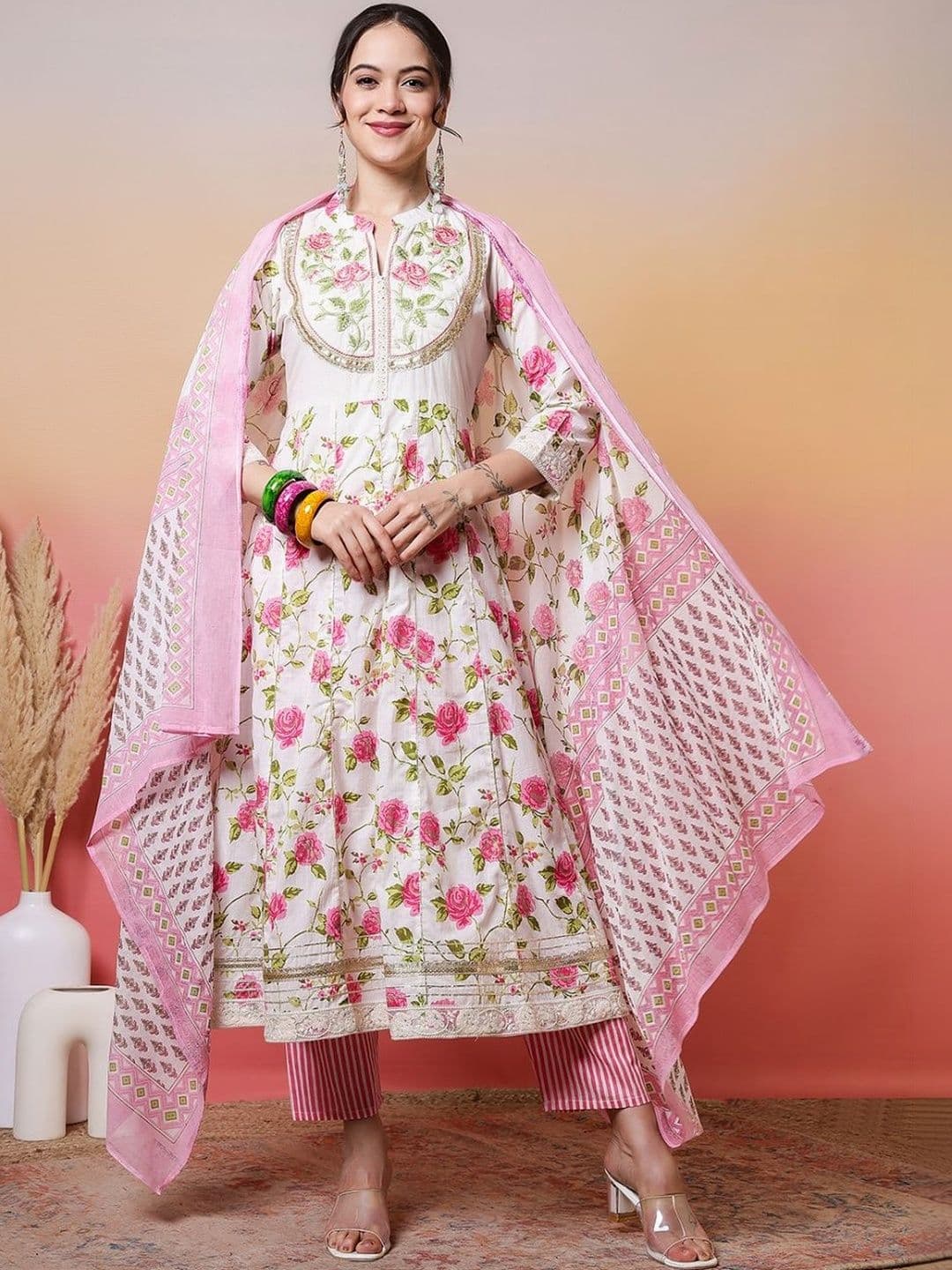 Sangria Embroidered Pure Cotton Mandarin Collar Kurta & Palazzos With Dupatta Kurta Set - view 1