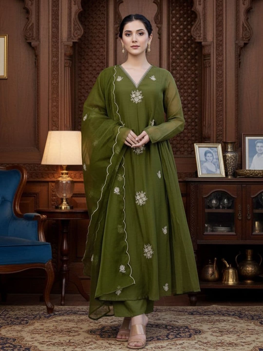 KALINI Women Ethnic Motifs Embroidered Regular Thread Work Kurta with Trousers & With Dupatta - view 1