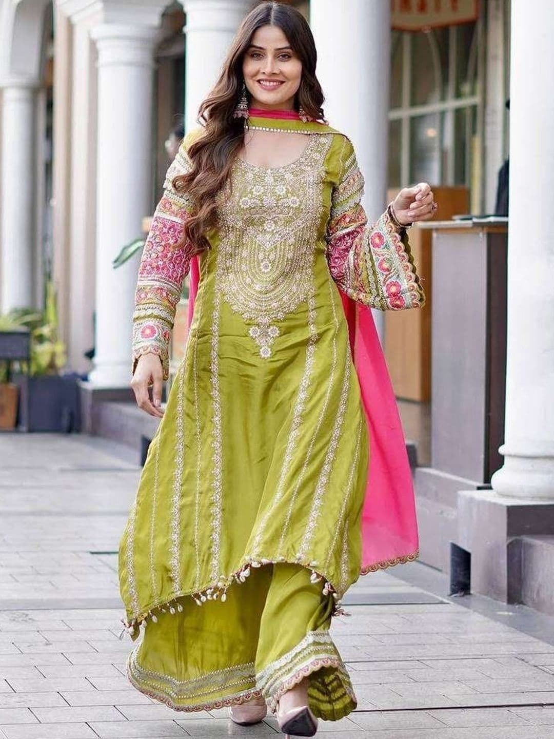 ELIINDRA Women Ethnic Motifs Embroidered Regular Thread Work Kurta with Palazzos & With Dupatta - view 1