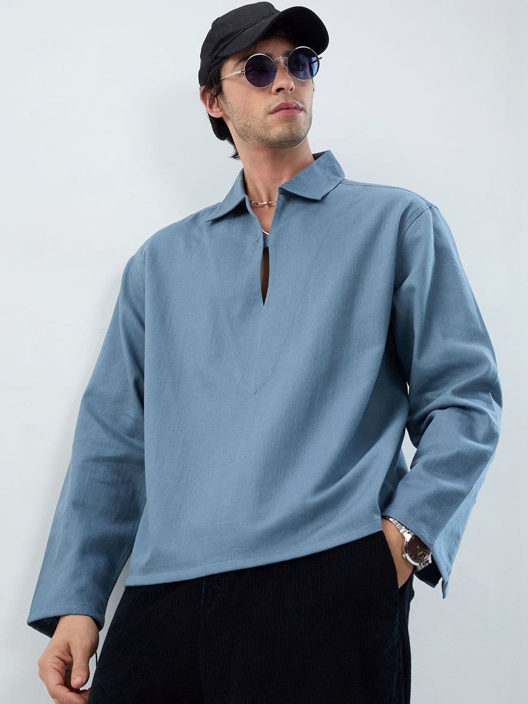 VASTRADO Slate Cuffless Cotton Long Sleeves Oversized Fit Shirt - view 1