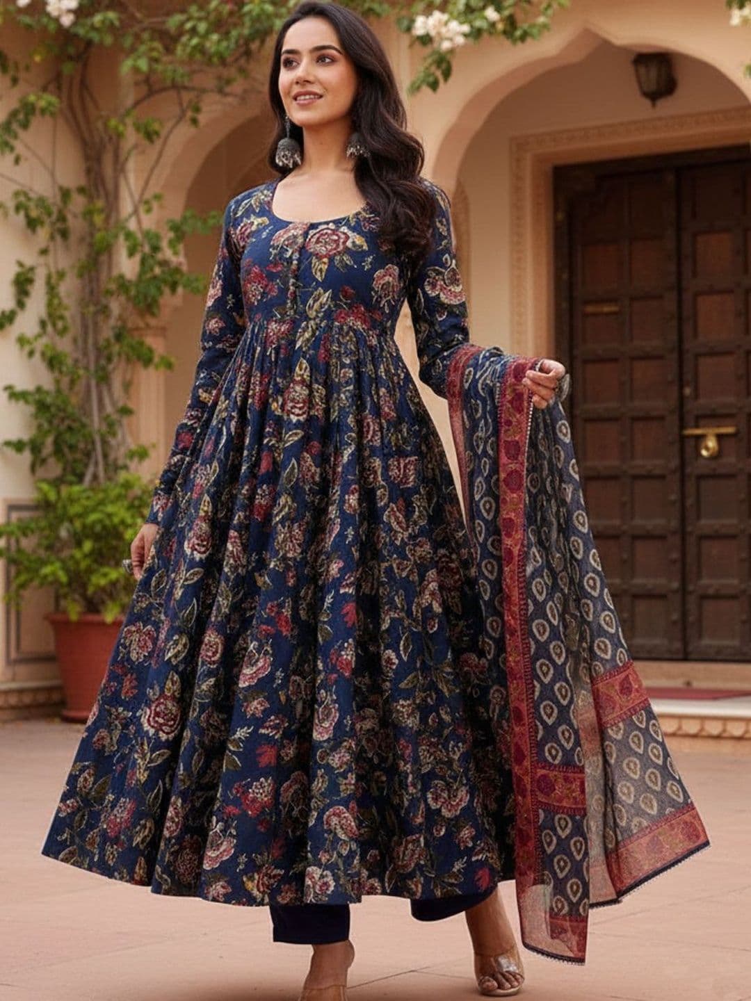 PITRIS Women Floral Printed Panelled Kurta with Trousers & With Dupatta - view 1