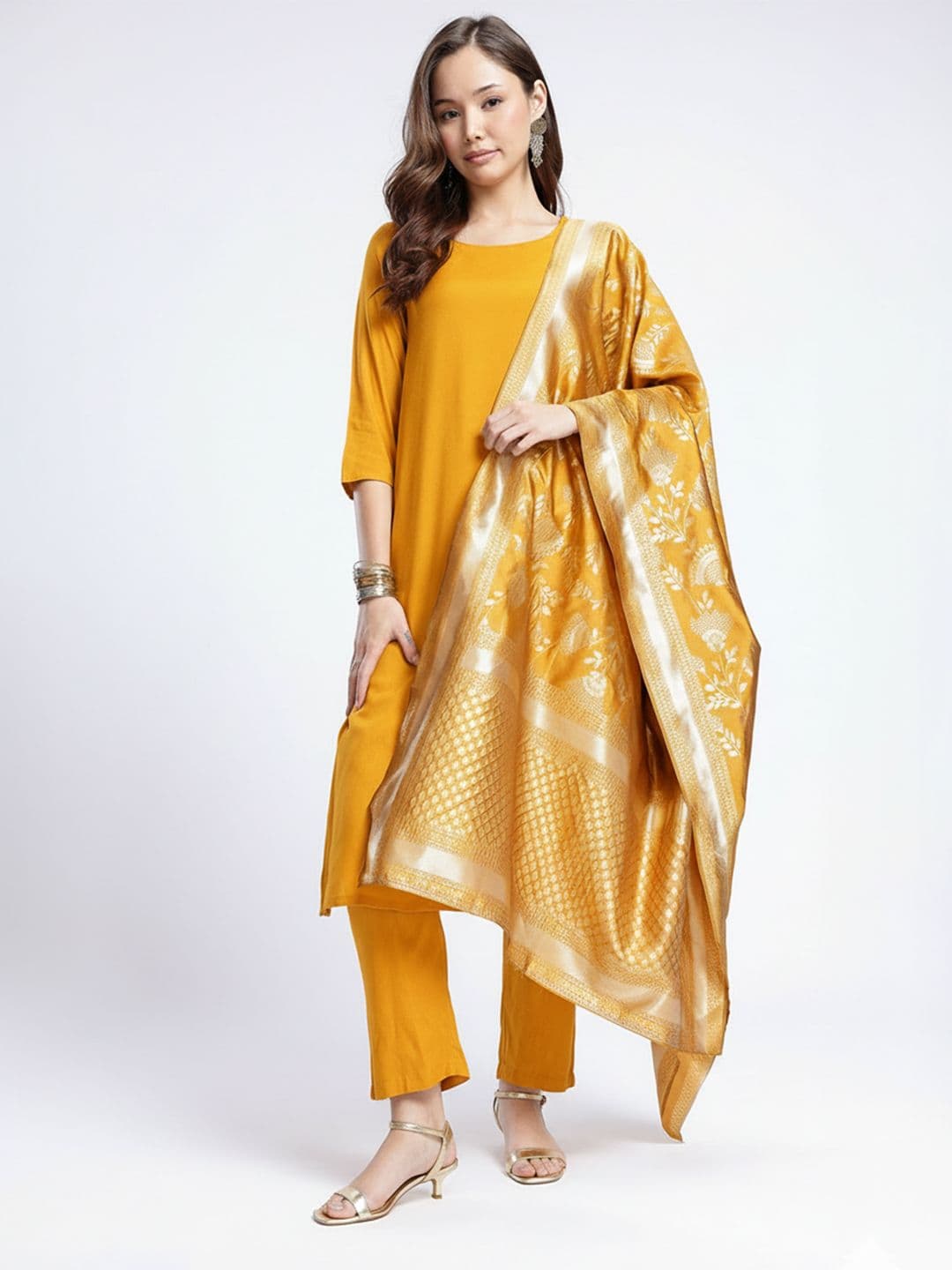 Anouk Rustic Floral Woven Design Kurta with Trousers & Dupatta - view 1