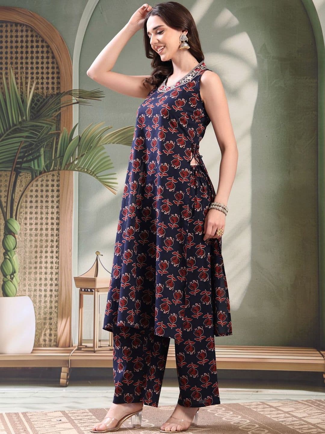 Sangria Embroidered Pure Cotton Round Neck Kurta & Palazzos Kurta Set - view 1