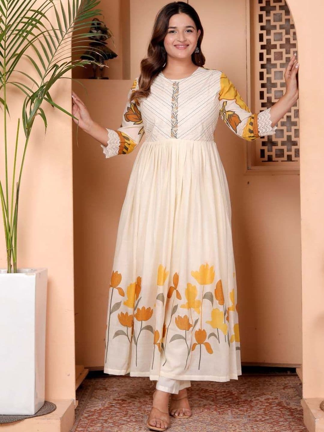 AFFO Women Floral Printed Tiered Thread Work Kurta with Trousers & With Dupatta - view 1