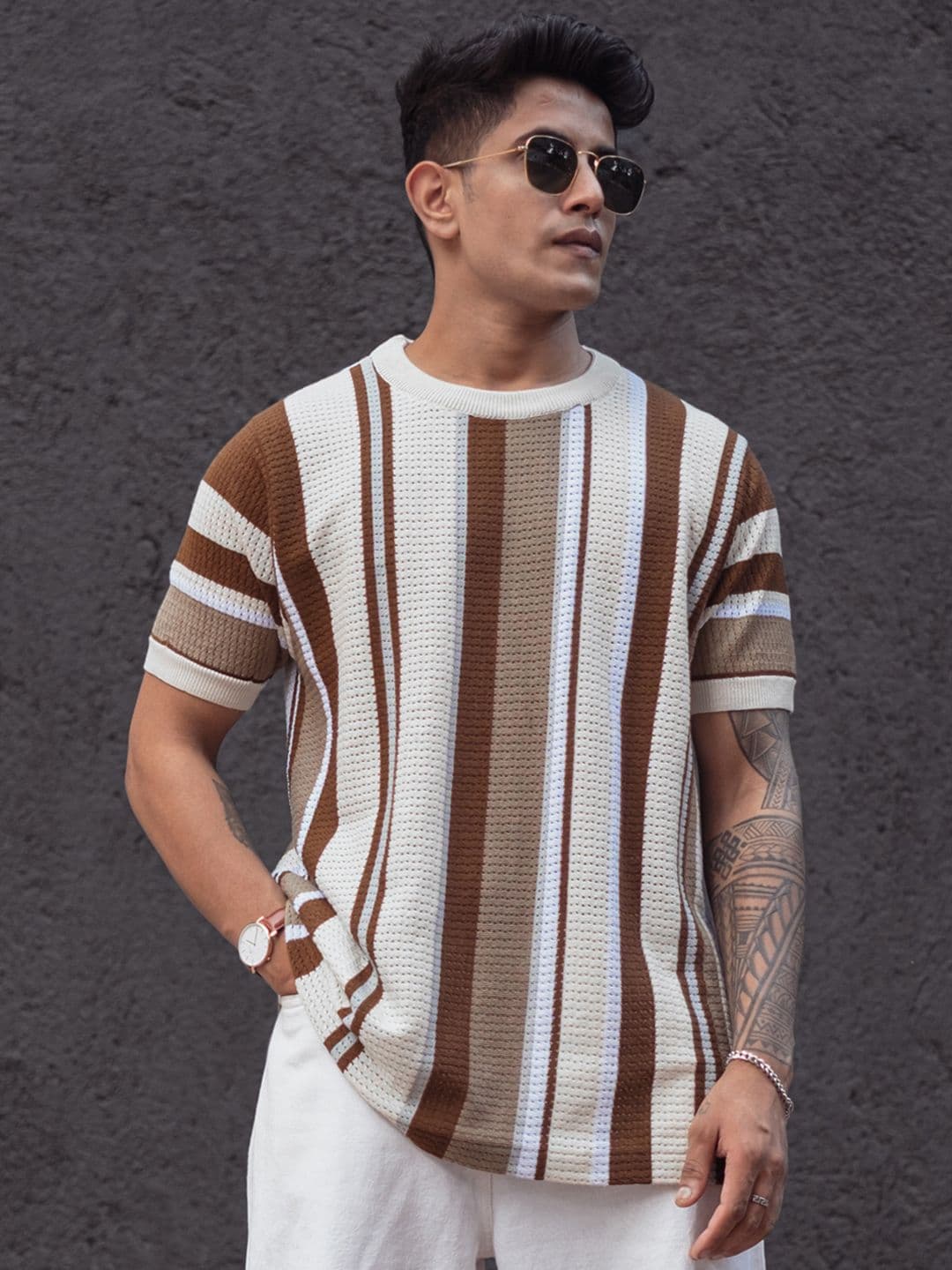 Powerlook Striped Polyester Round Neck Short Sleeves T-shirt - view 1