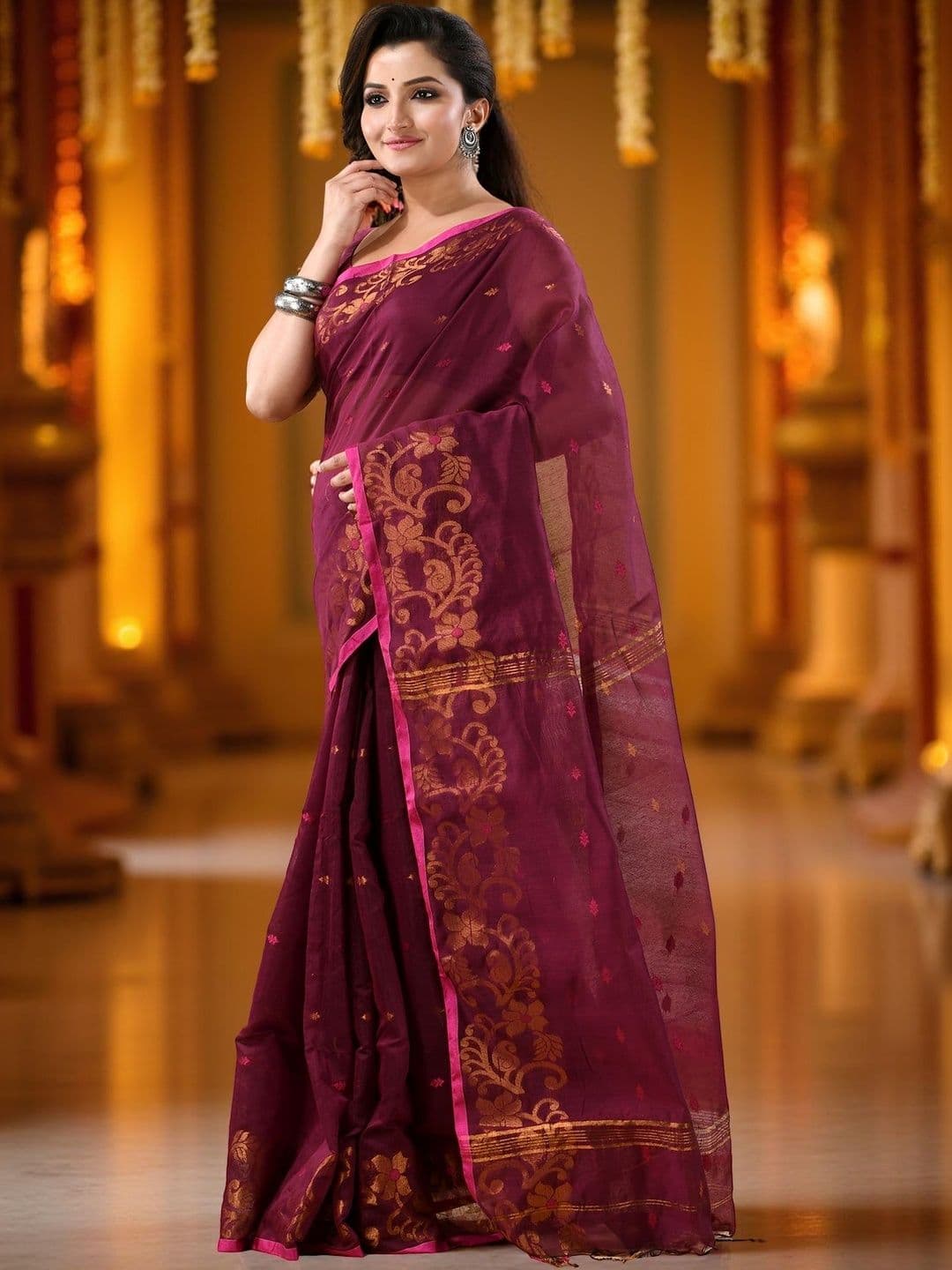 DESH BIDESH Zari Pure Cotton Handloom Taant Saree - view 1