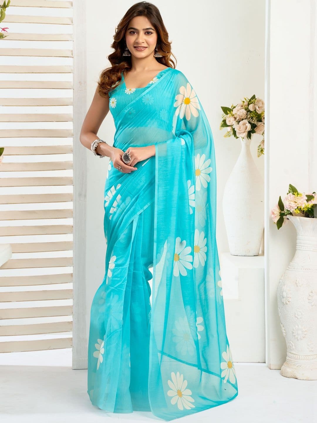 Elora Aqua Blue Linen Floral Printed Ready To Wear Saree - view 1