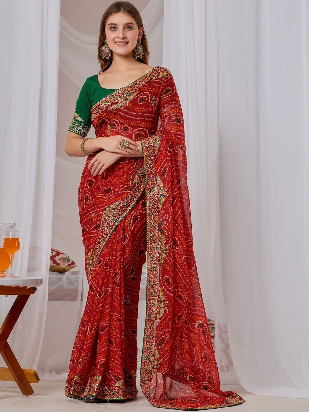 saretramall Bandhani Embroidered Poly Georgette Heavy Work Bandhani Saree - view 1