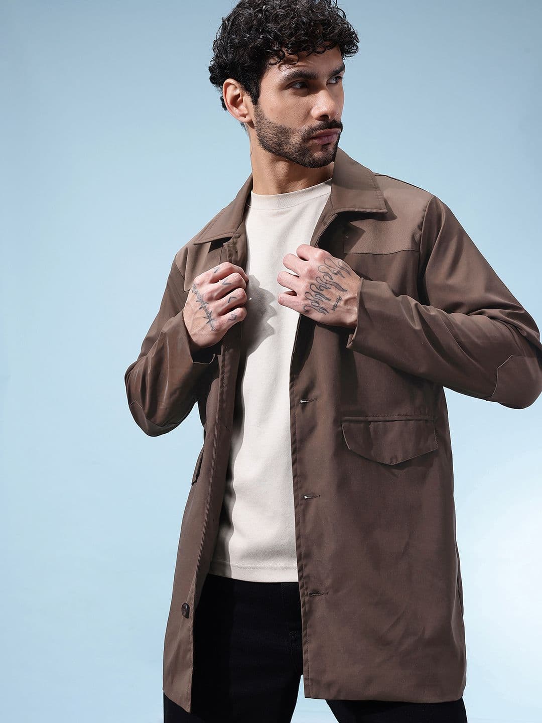 glitchez Spread Collar Longline Tailored Jacket with Elbow Patches with Pocket Detail - view 1